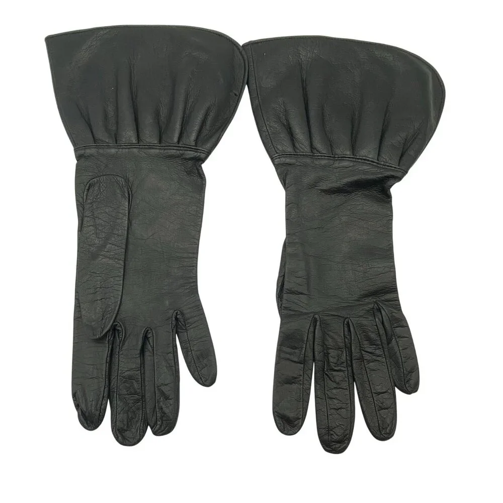Vintage black leather driving gloves size 7 Pouf peplum‎ flared wrist